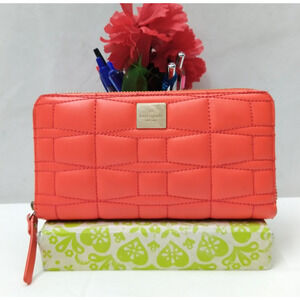 Kate Spade New York Orange Leather Quilted Zip Around Credit Card